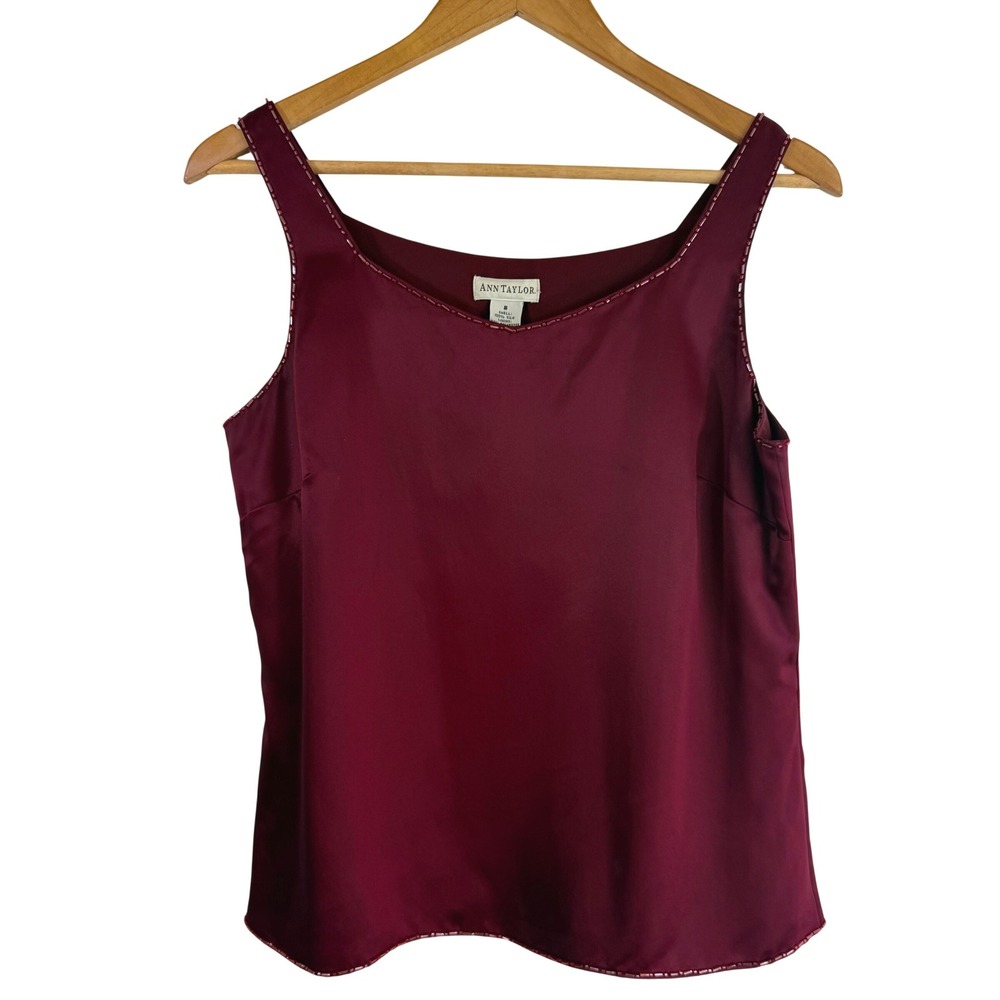 Vintage Ann Taylor 100% Silk Beaded Shell Tank‎ Top Burgundy 90s Quiet Luxury 8